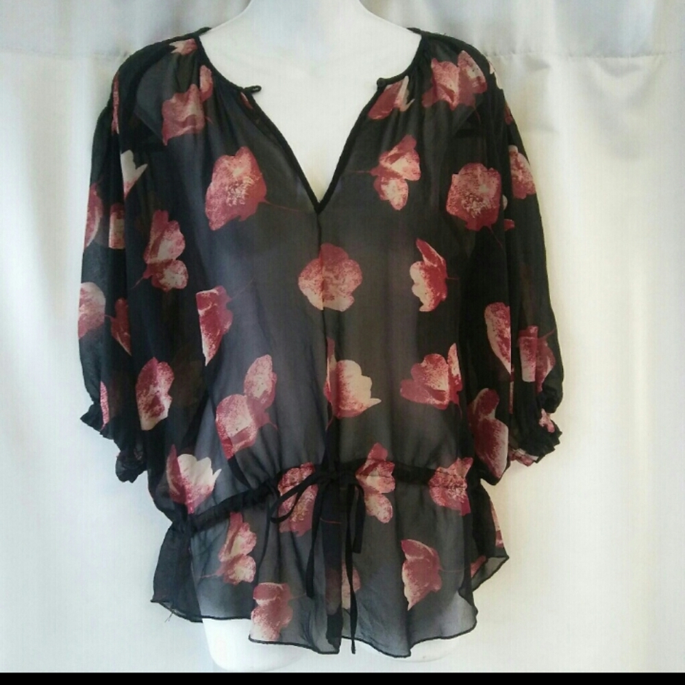 Sheer Floral Blouse with Tied Waist Peplum, S